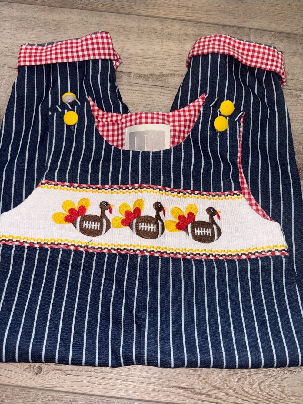 Navy Pinstripe Turkey Football Smocked Jumper w Red Gingham Trim - size 18-24 mo